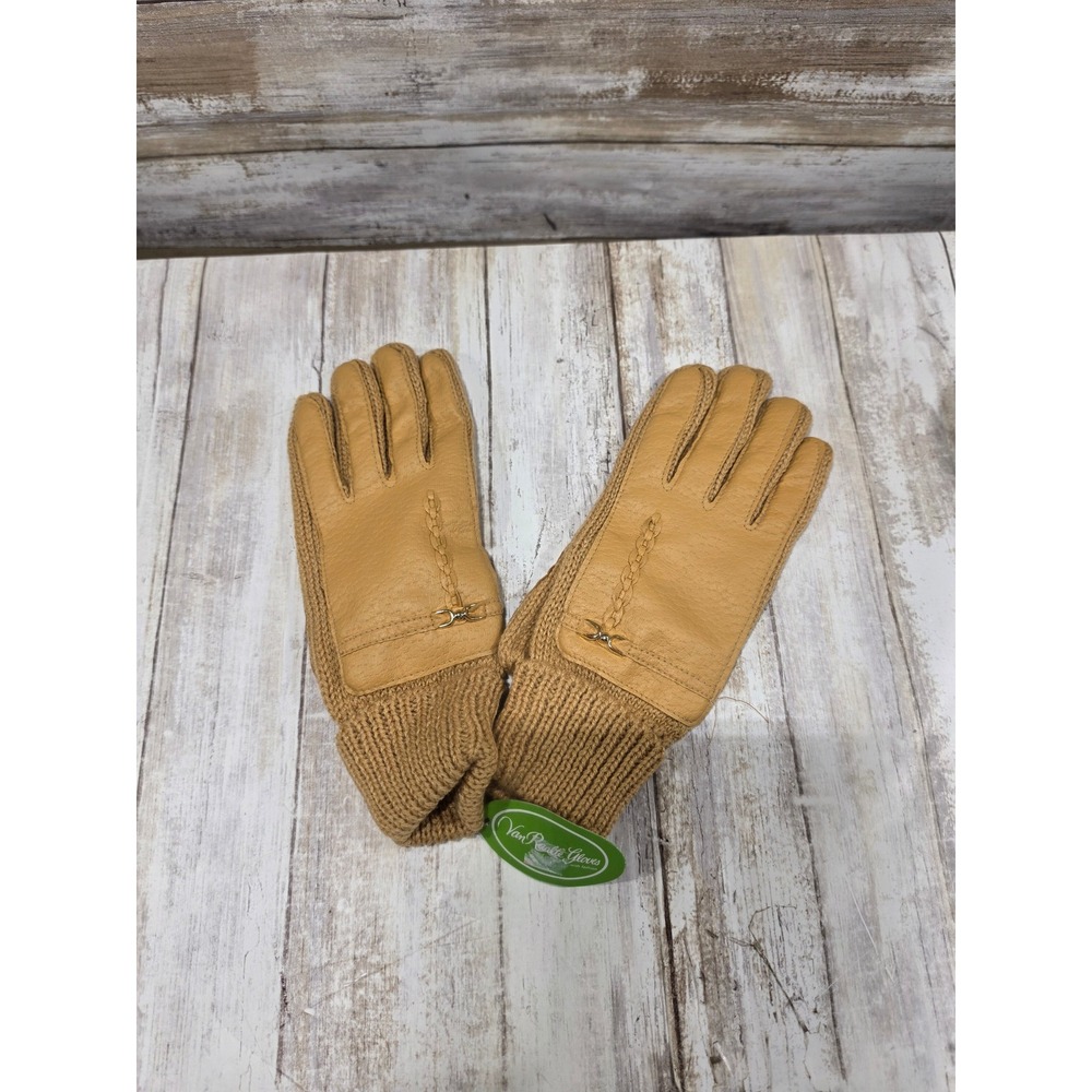 Van Raalte Gloves Tan Vinyl Acrylic Knit Gold Horsebit Detail One Size NOS